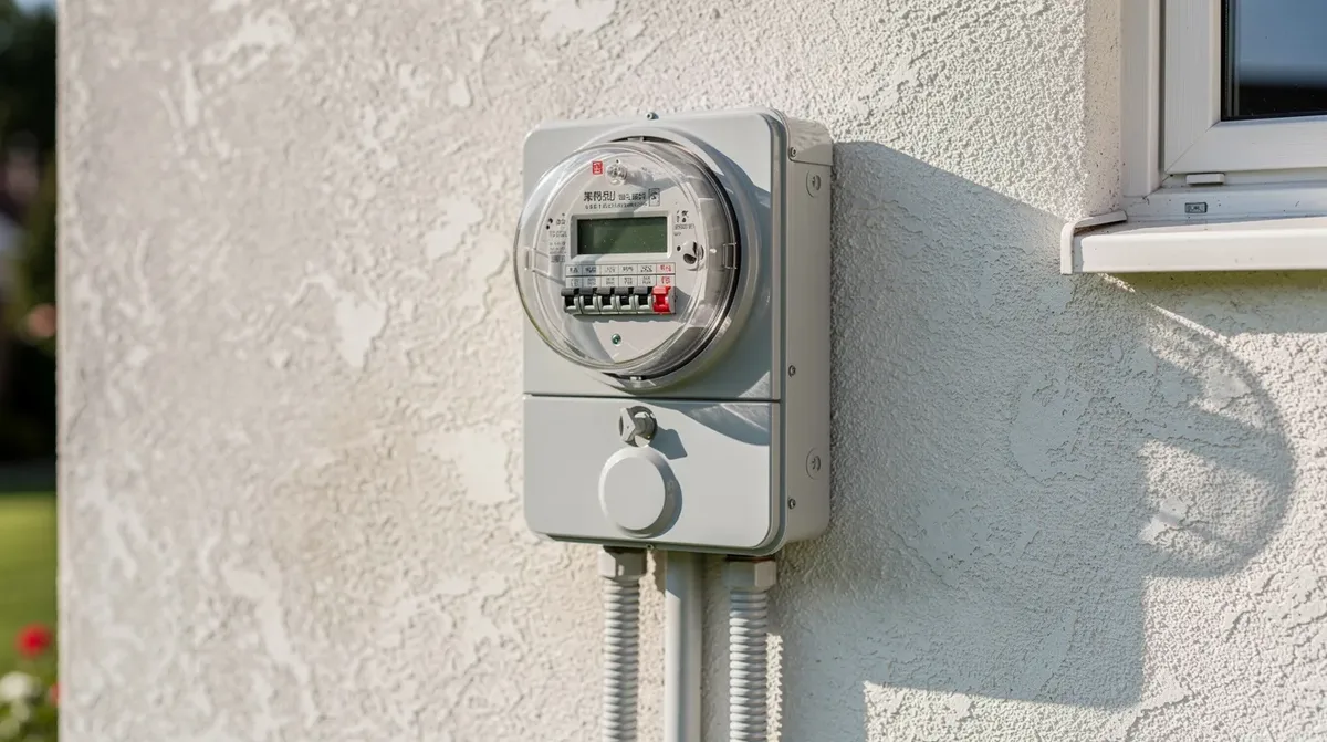 L'image montre un compteur électrique moderne, fixé sur le mur extérieur d'une maison, qui pourrait être équipé de panneaux solaires pour favoriser l'autoconsommation d'électricité. Ce compteur est essentiel pour suivre la consommation d'énergie et la production d'électricité renouvelable, contribuant ainsi à la transition énergétique en Suisse.