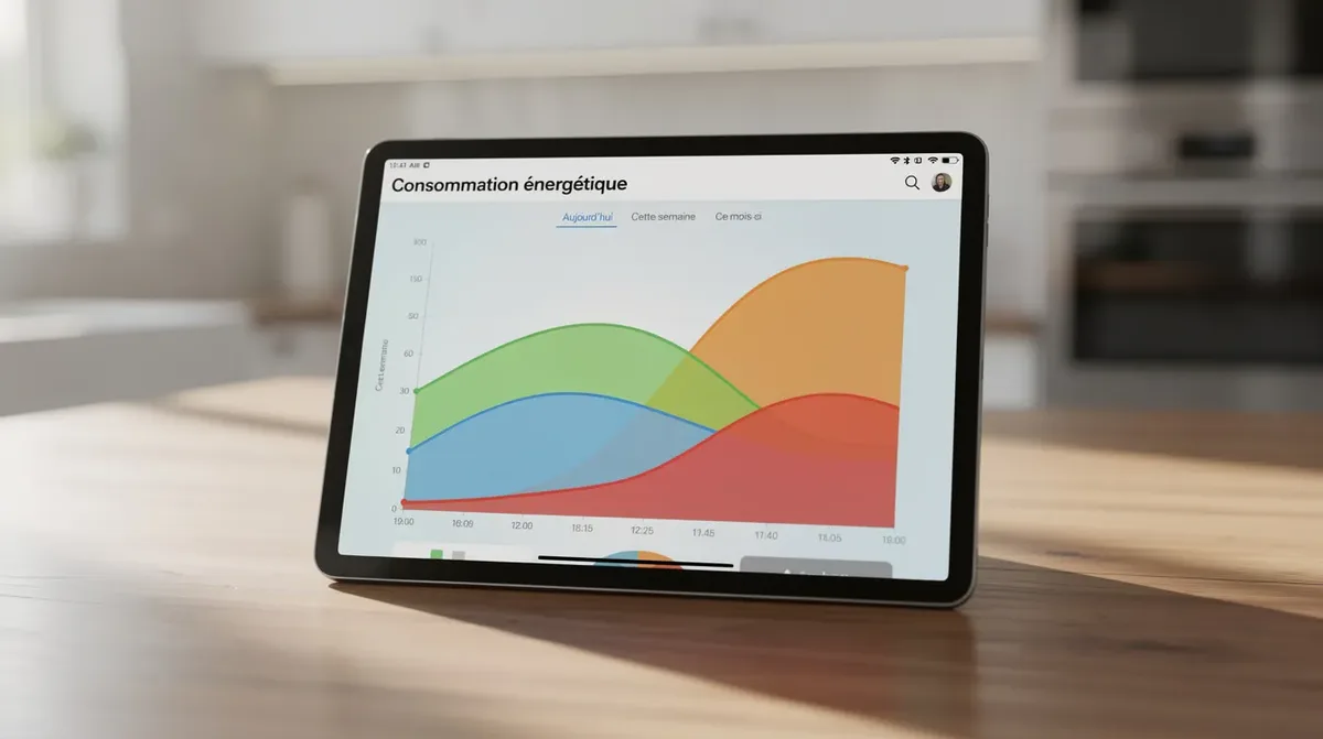 Une tablette est posée sur un comptoir de cuisine, affichant des courbes colorées représentant la consommation énergétique, illustrant ainsi l'autoconsommation solaire en Suisse. Cette image évoque l'importance de la production et de la gestion de l'électricité à travers des panneaux solaires et des solutions d'énergie renouvelable.