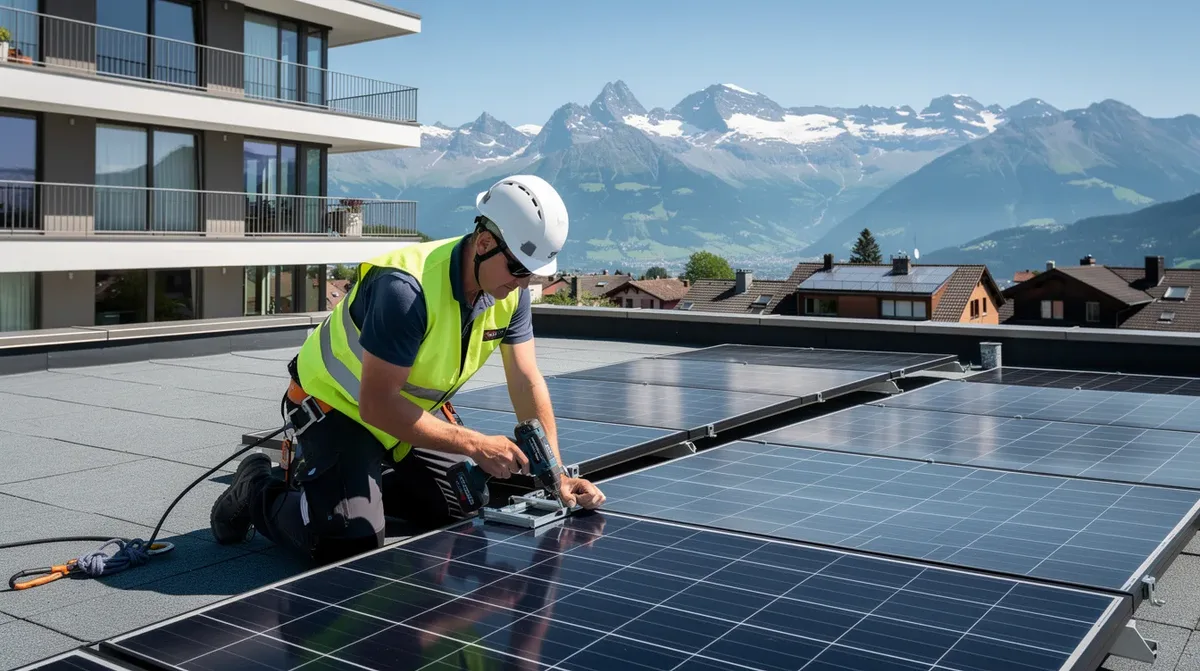 Un technicien installe des panneaux solaires sur le toit d'un immeuble en Suisse, offrant une vue panoramique sur les montagnes environnantes. Cette installation photovoltaïque contribue à l'autoconsommation d'électricité et à l'utilisation d'énergie renouvelable pour les habitants de la région.