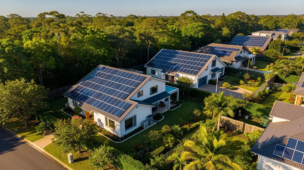 Vue aérienne d'un quartier résidentiel où plusieurs maisons sont équipées de panneaux solaires sur leurs toits, entourées de verdure, illustrant l'utilisation des énergies renouvelables et la transition vers une consommation d'électricité plus durable. Ce site met en avant l'importance du stockage d'énergie et des solutions écologiques pour les propriétaires.