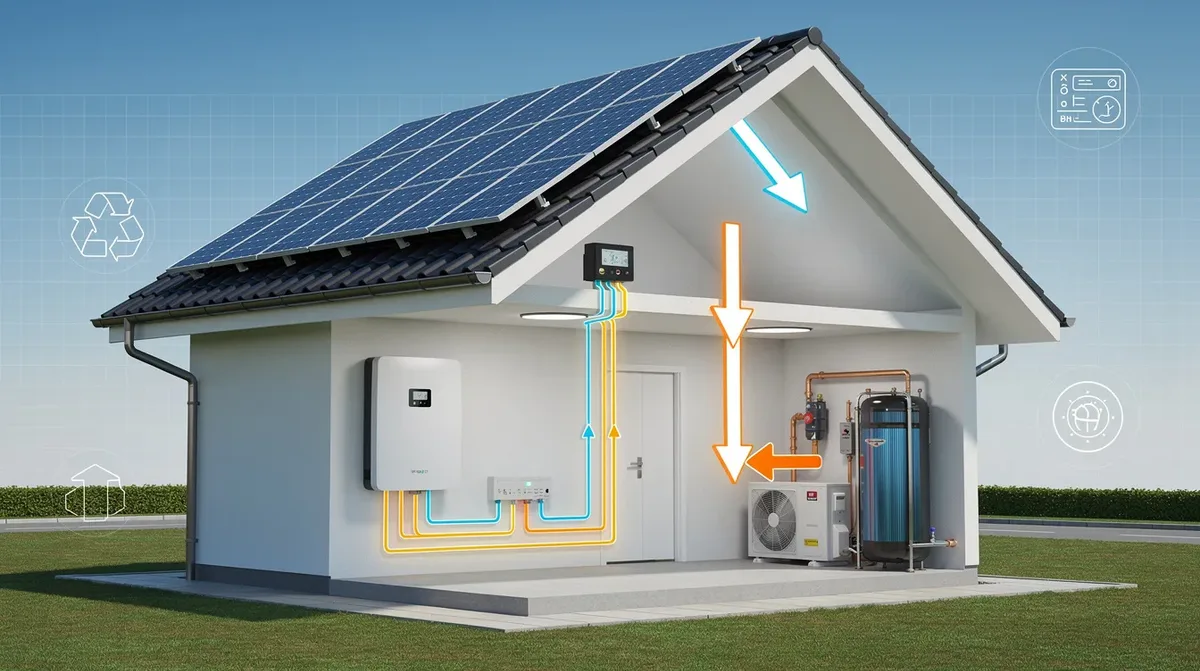 Une maison moderne avec des panneaux solaires sur le toit, sous un ciel bleu clair, illustre un diagramme de flux d'énergie reliant les panneaux à une batterie de stockage et à un chauffe-eau thermodynamique à l'intérieur. La scène met en avant l'utilisation d'énergie solaire propre et durable, avec des couleurs vives et réalistes.