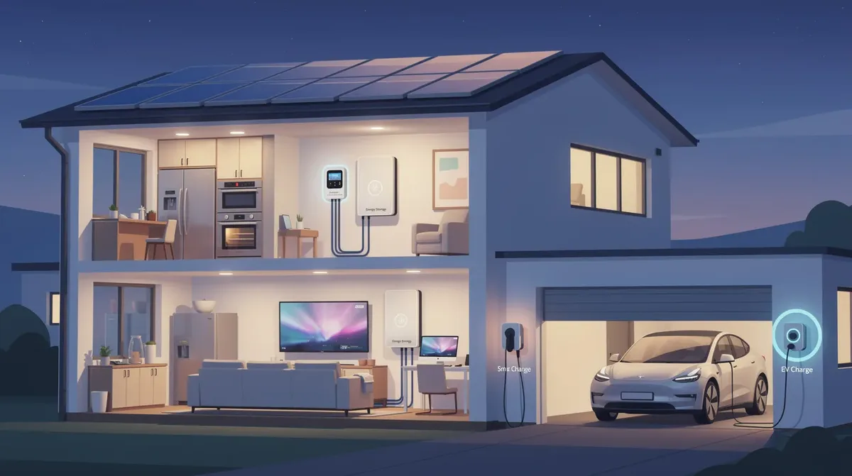 Illustration numérique d'une maison moderne équipée de panneaux solaires sur le toit et d'un système de stockage de batterie mural à l'intérieur, alimentant divers appareils ménagers et une station de recharge pour véhicule électrique dans le garage. Cette image met en avant le concept de gestion énergétique intelligente avec des couleurs vives et des détails clairs, reflétant l'utilisation d'énergies renouvelables et l'autoconsommation.