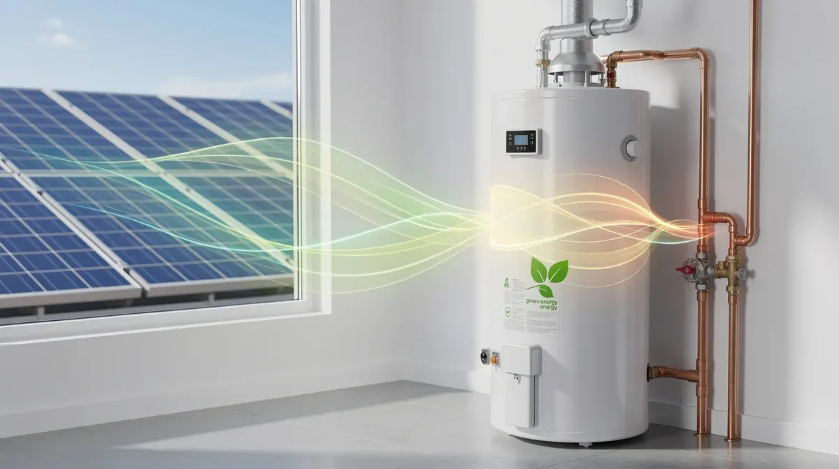 Vue en gros plan d'un chauffe-eau thermodynamique installé à l'intérieur, relié à des panneaux solaires visibles par la fenêtre. L'image illustre le flux d'énergie verte, mettant en avant la technologie propre et les économies d'énergie réalisées grâce à ce système de production d'eau chaude.