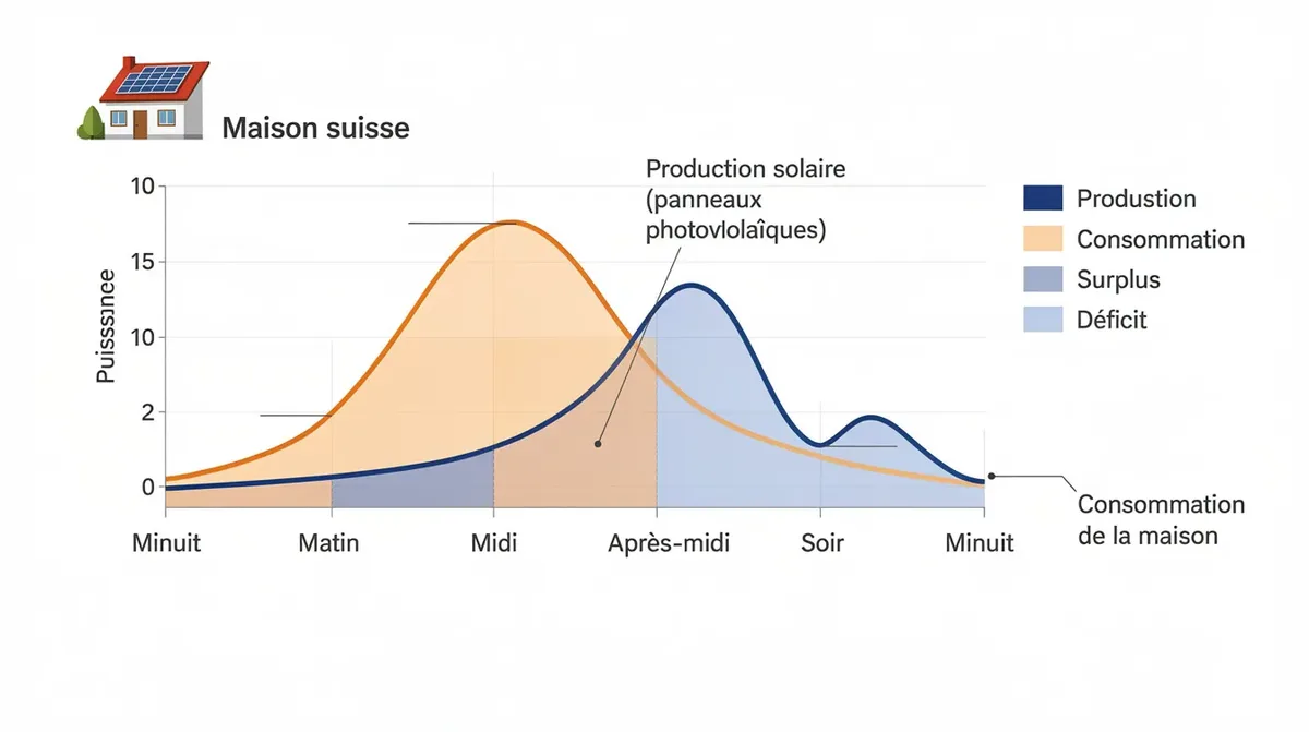 Schéma illustrant le décalage entre la production d'énergie solaire des panneaux photovoltaïques durant la journée et la consommation d'électricité d'une maison en Suisse, avec des pics de demande le matin et le soir. Ce graphique met en évidence l'importance d'une batterie de stockage pour optimiser l'autoconsommation et garantir une autonomie énergétique.