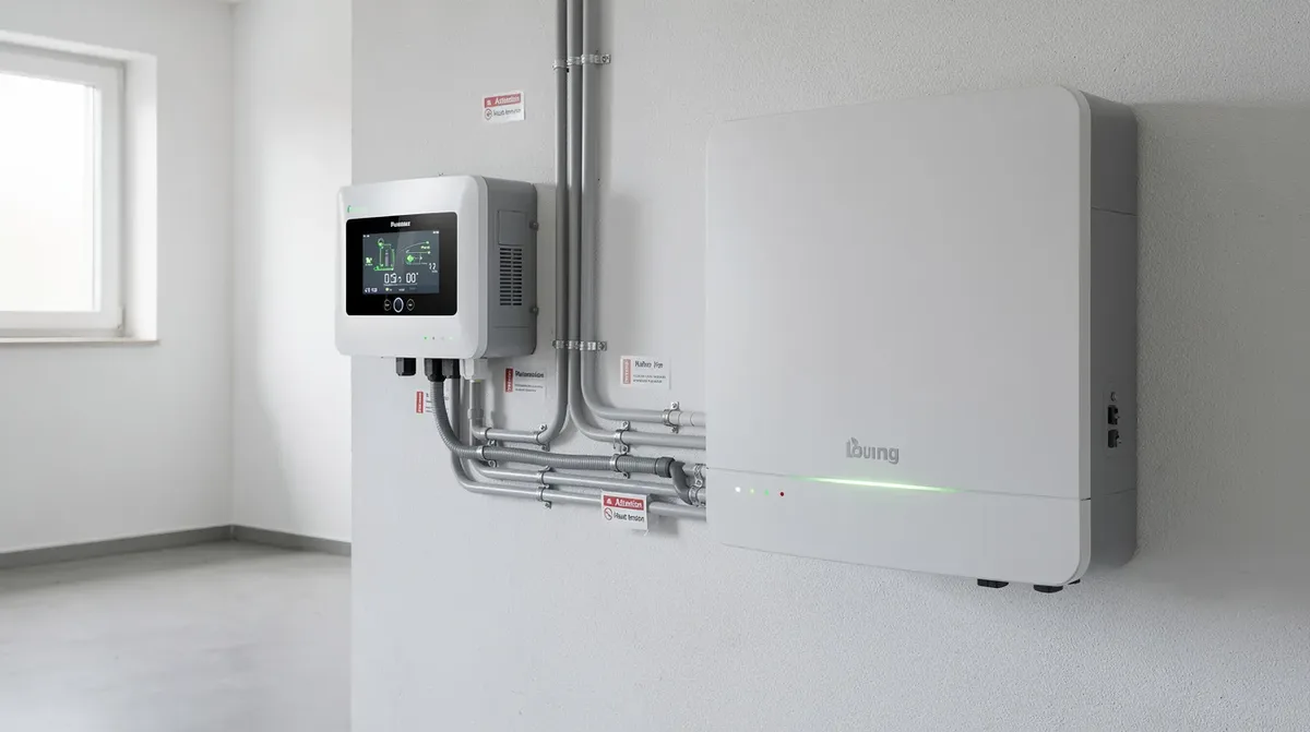 L'image montre une batterie résidentielle murale, conçue pour le stockage d'énergie, installée dans un local technique à côté d'un onduleur hybride. Cette installation permet de gérer l'électricité produite par des panneaux solaires, optimisant ainsi l'autoconsommation et l'autonomie de la maison.