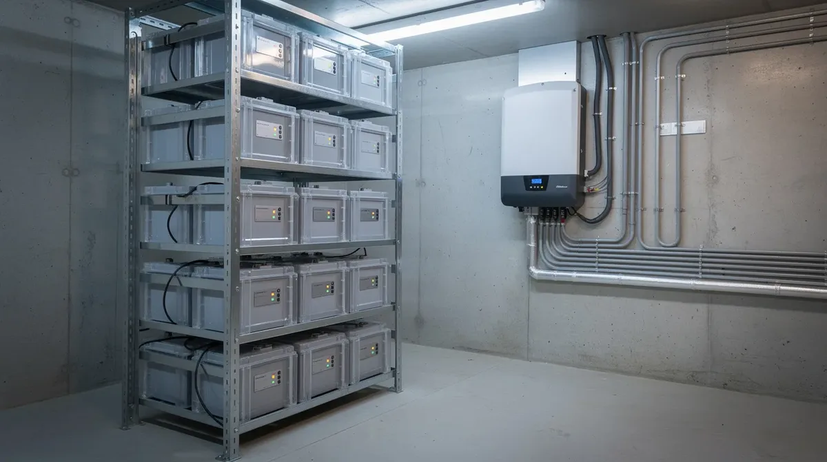 L'image montre des modules de batteries résidentielles au lithium empilés dans un rack métallique, accompagnés d'un onduleur, le tout situé dans un sous-sol. Cette installation de stockage d'énergie est conçue pour optimiser l'autoconsommation d'électricité provenant de panneaux solaires.