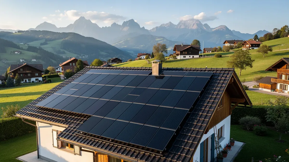Des panneaux solaires sont installés sur le toit d'une maison orientée au sud, offrant une vue panoramique sur le paysage pittoresque de la Suisse romande. Cette installation photovoltaïque contribue à la production d'énergie solaire, idéale pour recharger une voiture électrique et promouvoir l'utilisation des énergies renouvelables.