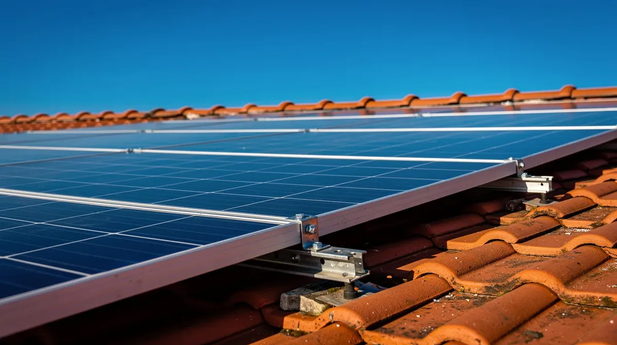 Gros plan sur des panneaux solaires modernes installés sur un toit en tuiles, illuminés par un ciel bleu. Ces panneaux photovoltaïques symbolisent l'énergie solaire et la transition vers des solutions énergétiques durables pour les domiciles.