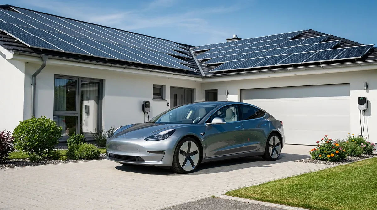 Une voiture électrique moderne est garée dans une allée ensoleillée, à côté d'une maison équipée de panneaux solaires sur le toit. Cette installation photovoltaïque permet de produire de l'énergie solaire pour recharger le véhicule électrique.