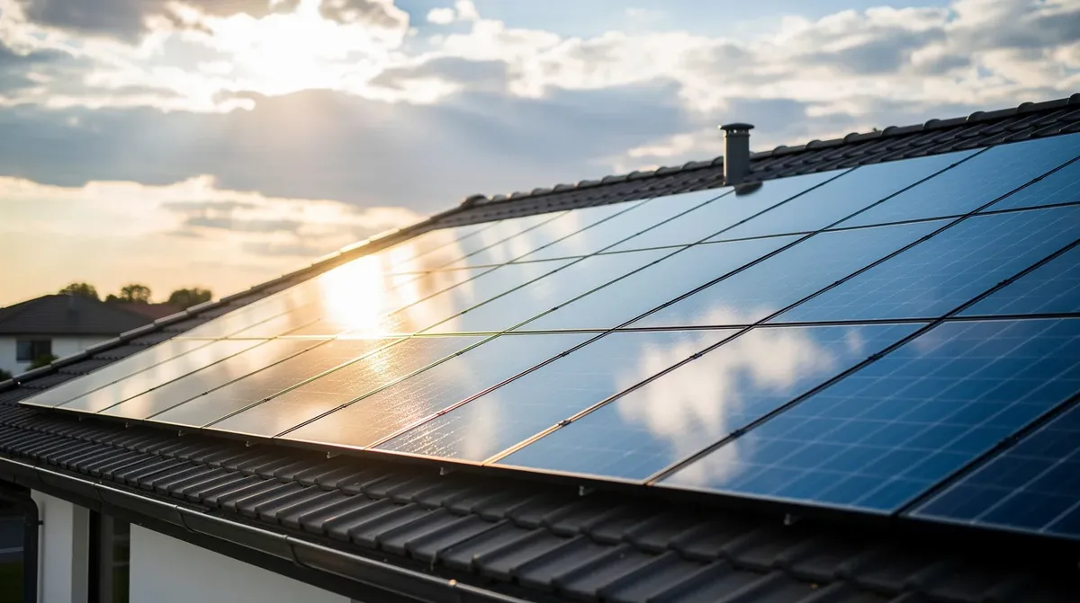 L'image montre un toit résidentiel équipé de panneaux solaires photovoltaïques, illuminés par la lumière du soleil qui perce à travers un ciel partiellement nuageux. Ces panneaux, composés de cellules photovoltaïques, transforment l'énergie solaire en électricité, contribuant ainsi à la production d'énergie renouvelable.
