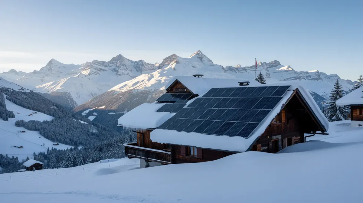 L'image montre un paysage hivernal suisse avec des montagnes enneigées en arrière-plan et un chalet dont le toit est équipé de panneaux solaires photovoltaïques, sous un ciel bleu clair. Ces panneaux solaires, qui captent la lumière du soleil, illustrent l'utilisation de l'énergie solaire dans un cadre naturel pittoresque.