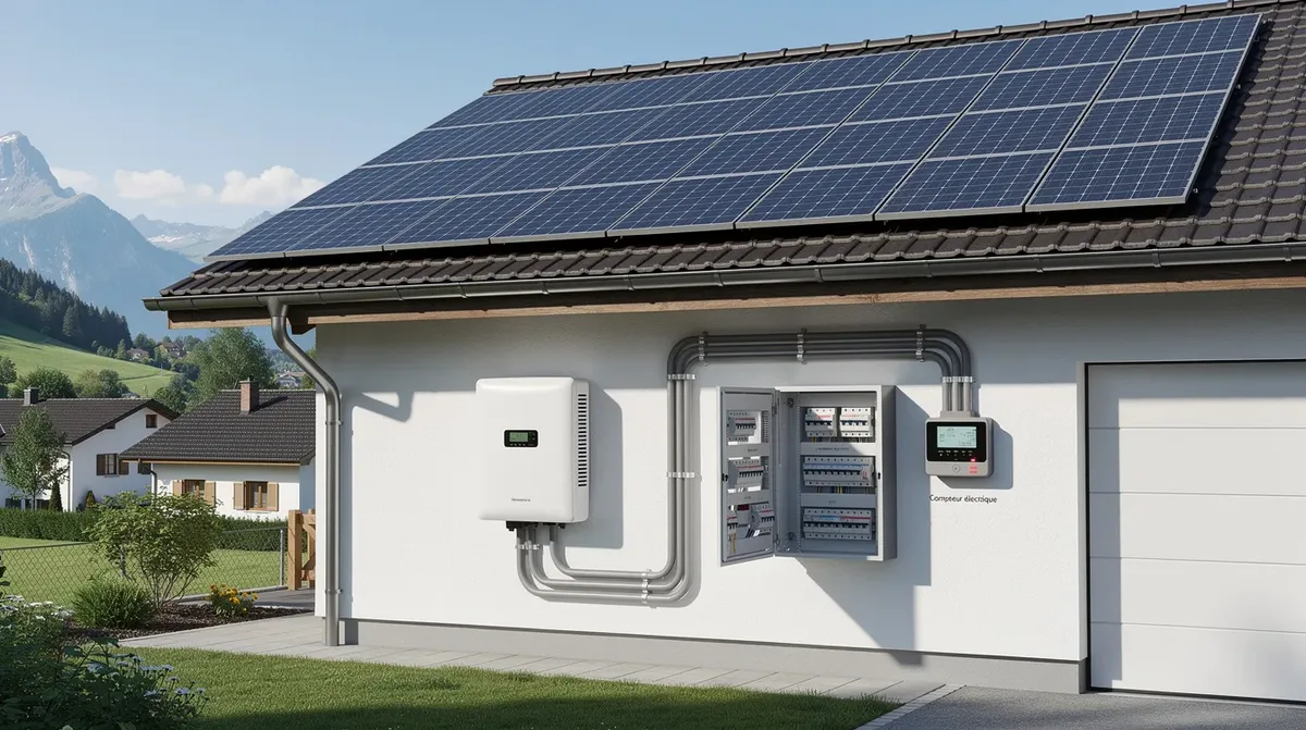 L'image montre une maison résidentielle suisse équipée de panneaux solaires photovoltaïques sur le toit, ainsi qu'un onduleur fixé au mur du garage, des câbles connectant le système au tableau électrique et un compteur électrique situé à côté de la porte d'entrée. Cette installation solaire illustre le fonctionnement des panneaux solaires pour la production d'électricité grâce à l'énergie solaire.