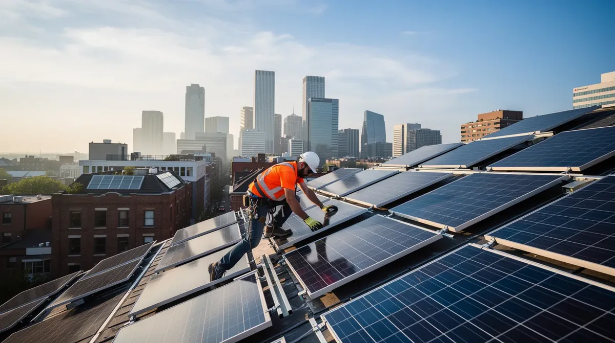Un technicien installe des panneaux solaires photovoltaïques sur un toit, offrant une vue panoramique sur le paysage urbain du canton de Genève. Cette installation s'inscrit dans une démarche de transition énergétique, visant à promouvoir l'énergie solaire et les énergies renouvelables.