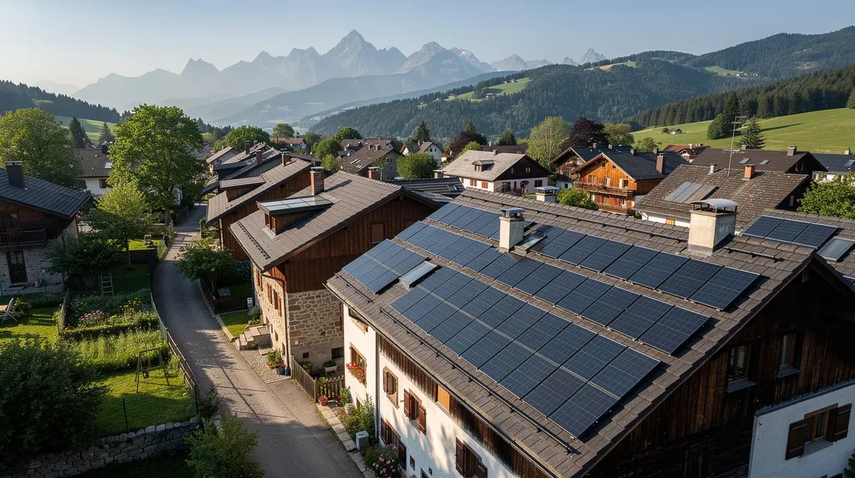Une vue aérienne montre des toitures de maisons dans un village jurassien, toutes équipées de panneaux solaires. Ces installations solaires illustrent l'engagement envers les énergies renouvelables et la production d'électricité verte dans le canton du Jura.