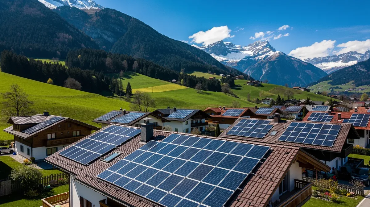 Une vue aérienne montre des toitures résidentielles dans une vallée alpine ensoleillée, équipées de panneaux solaires qui captent l'énergie solaire. Cette installation de panneaux photovoltaïques illustre l'engagement envers l'énergie renouvelable et la transition énergétique dans le Valais.