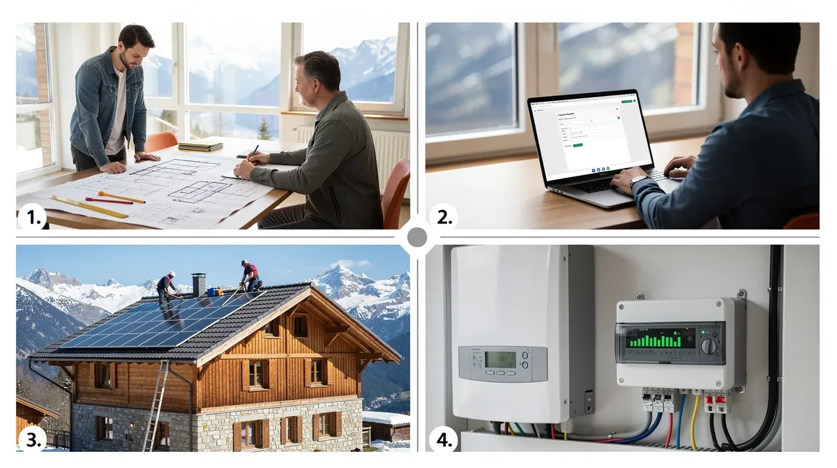 Illustration d'un projet d'installation de panneaux solaires sur une maison individuelle en Valais, montrant quatre étapes : la conception avec un plan, l'annonce au gestionnaire de réseau via un ordinateur, l'installation des panneaux photovoltaïques sur un toit alpin, et la mise en service avec un compteur d'énergie solaire. La scène met en avant le contexte montagneux et la maison typique valaisanne, soulignant l'importance de l'énergie renouvelable.