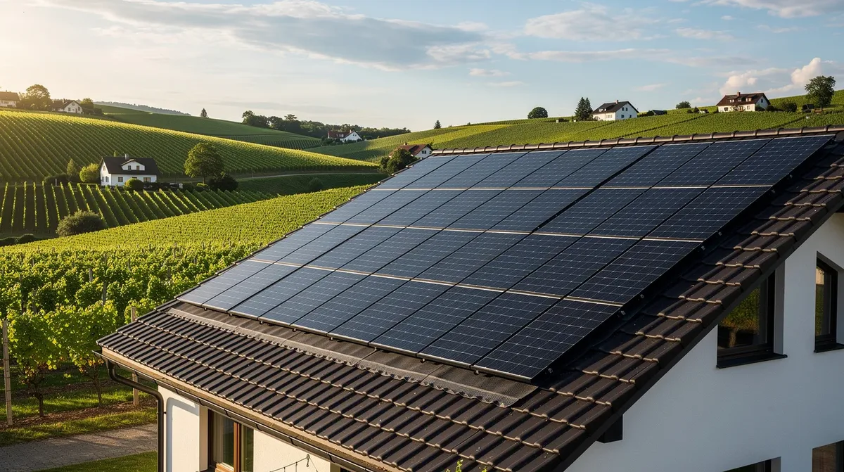 Une toiture résidentielle dans le canton de Vaud est équipée de panneaux photovoltaïques, se fondant harmonieusement dans un paysage vallonné parsemé de vignes. Cette installation de panneaux solaires illustre l'utilisation de l'énergie solaire pour une consommation durable en Suisse romande.