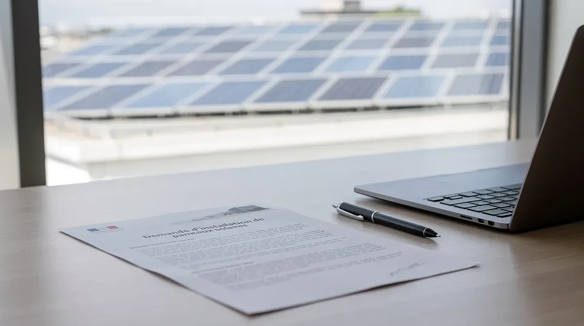 Un document administratif est posé sur un bureau, avec en arrière-plan un toit équipé de panneaux solaires, illustrant l'utilisation de l'énergie solaire dans le canton de Vaud. Cette installation de panneaux photovoltaïques témoigne des solutions énergétiques durables en Suisse romande.