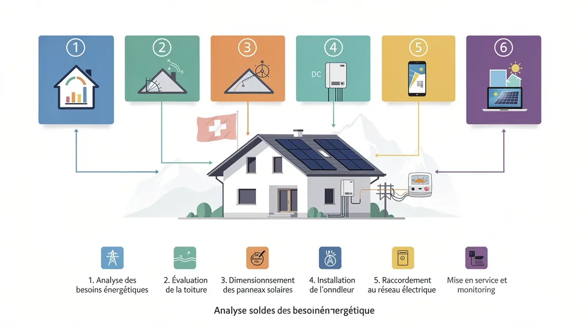 Schéma illustrant les étapes d'une installation photovoltaïque résidentielle en Suisse, incluant l'analyse des besoins énergétiques, l'évaluation de la toiture, et le dimensionnement des panneaux solaires. Les icônes claires représentent les panneaux photovoltaïques, l'onduleur, et le raccordement au réseau électrique, soulignant l'importance de l'énergie solaire dans la transition énergétique.