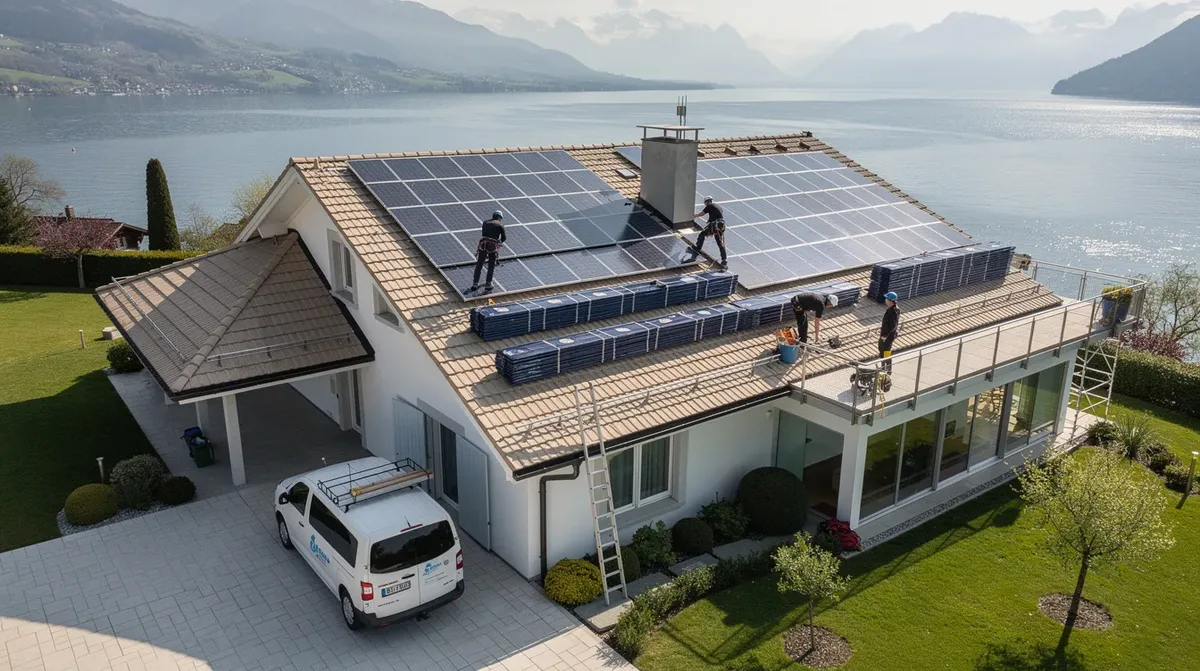 Une vue plongeante d'un chantier d'installation de panneaux solaires sur le toit d'une villa en Suisse, près du lac Léman, où des installateurs travaillent sur des panneaux photovoltaïques. Cette image illustre l'engagement envers l'énergie solaire et les énergies renouvelables dans un cadre pittoresque.