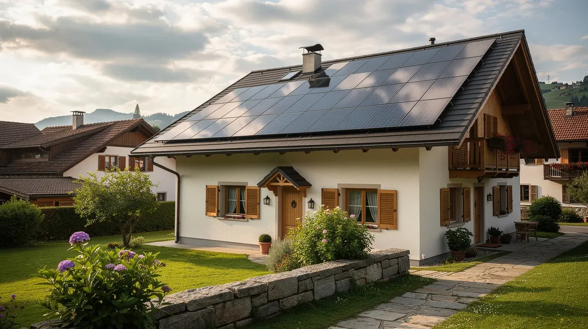 Une vue depuis le jardin d'une maison dans un village de la Suisse romande, montrant une installation de panneaux solaires sur le toit sous un ciel partiellement nuageux. L'image illustre l'importance du nettoyage régulier des panneaux pour maintenir leur performance et leur longévité.