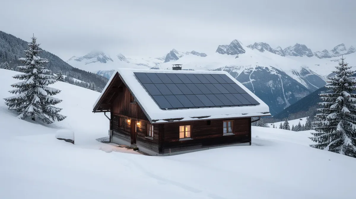 L'image montre un paysage hivernal en Suisse, avec une maison dont le toit est partiellement recouvert de neige et de panneaux solaires photovoltaïques. Ce cadre pittoresque évoque l'utilisation d'énergies renouvelables, telles que les panneaux solaires, pour le chauffage et l'eau chaude sanitaire.
