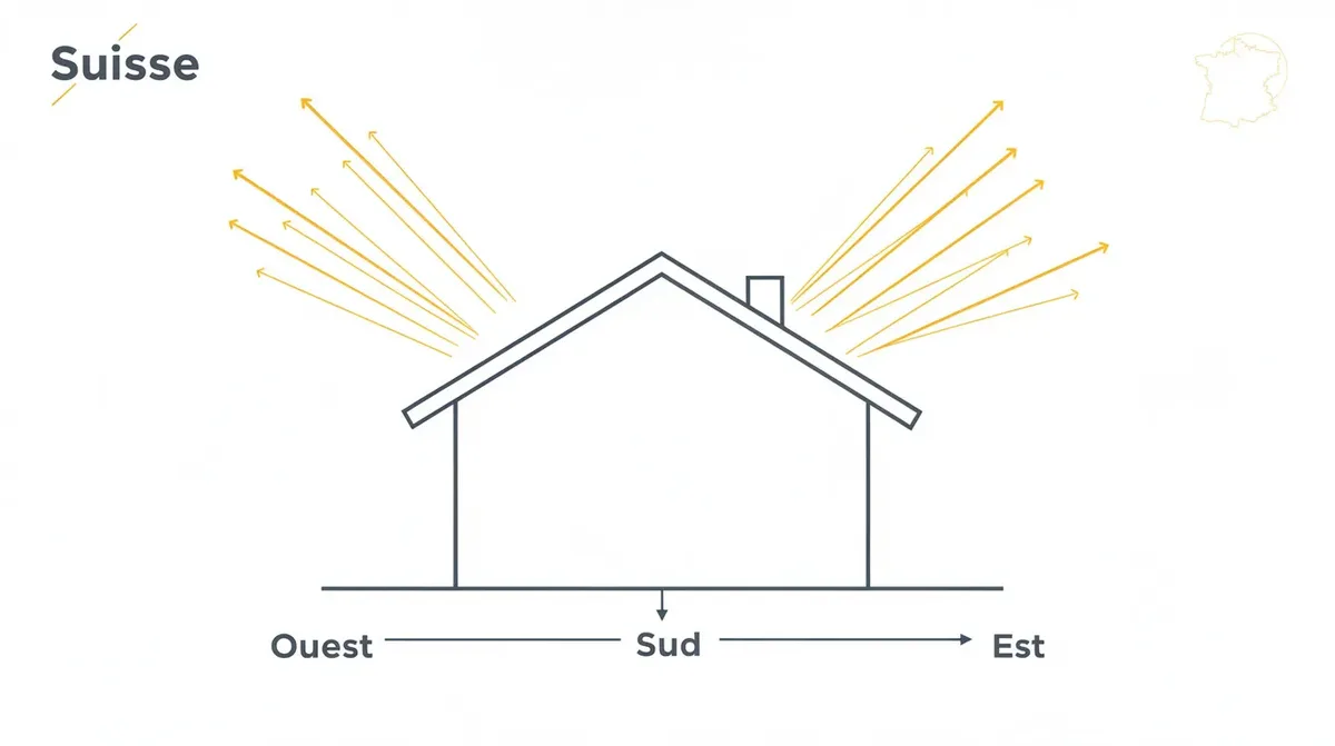 Schéma illustrant un toit en Suisse avec des rayons du soleil atteignant différentes orientations : sud, est et ouest. Ce visuel met en évidence l'importance de l'orientation et de l'inclinaison pour maximiser la production d'énergie des panneaux solaires.