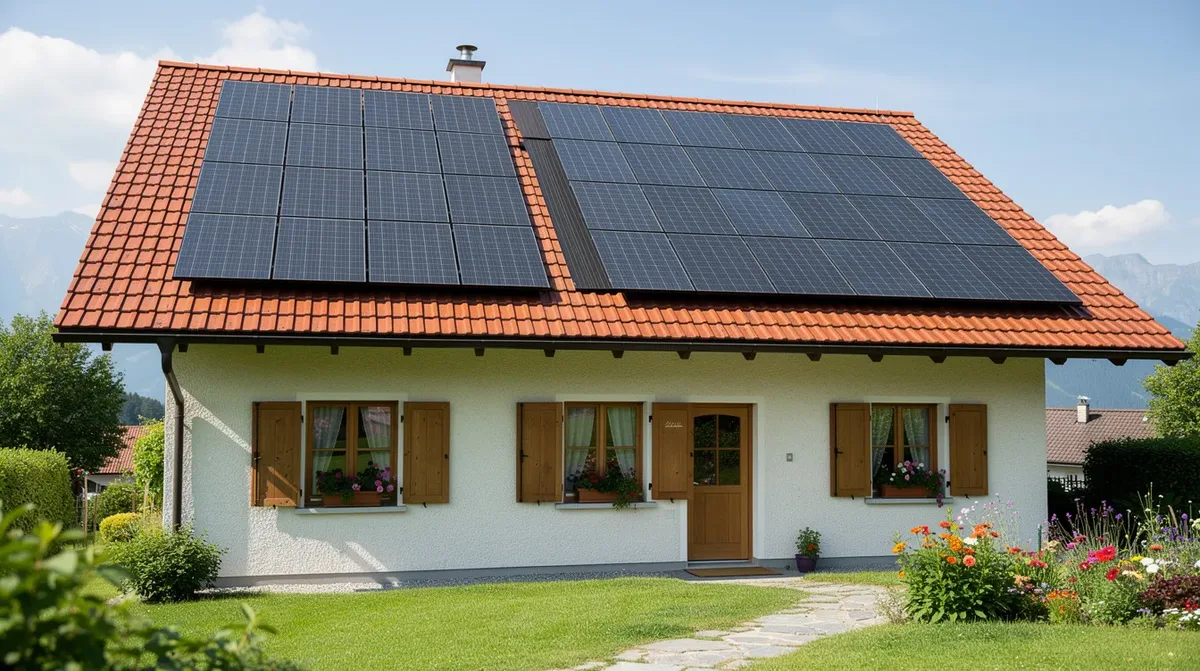 Cette image montre une maison suisse avec un toit en tuiles, sur lequel sont installés des panneaux solaires orientés vers le sud, offrant ainsi un bon potentiel de production d'énergie. La vue est prise depuis le jardin, mettant en valeur l'intégration des panneaux photovoltaïques dans l'architecture de la maison.