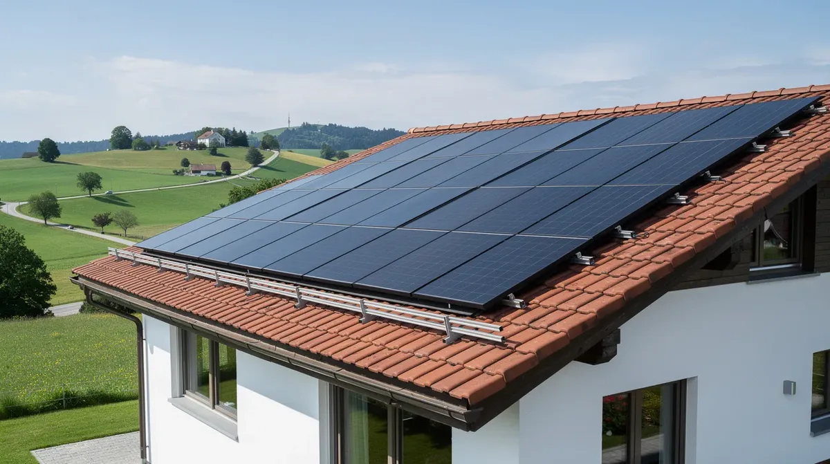 L'image montre des panneaux solaires photovoltaïques installés sur le toit en tuiles d'une maison individuelle en Suisse, avec un paysage de collines verdoyantes en arrière-plan, illustrant une installation solaire moderne et respectueuse de l'environnement. Cette configuration permet de produire de l'électricité tout en contribuant à la lutte contre le réchauffement climatique.