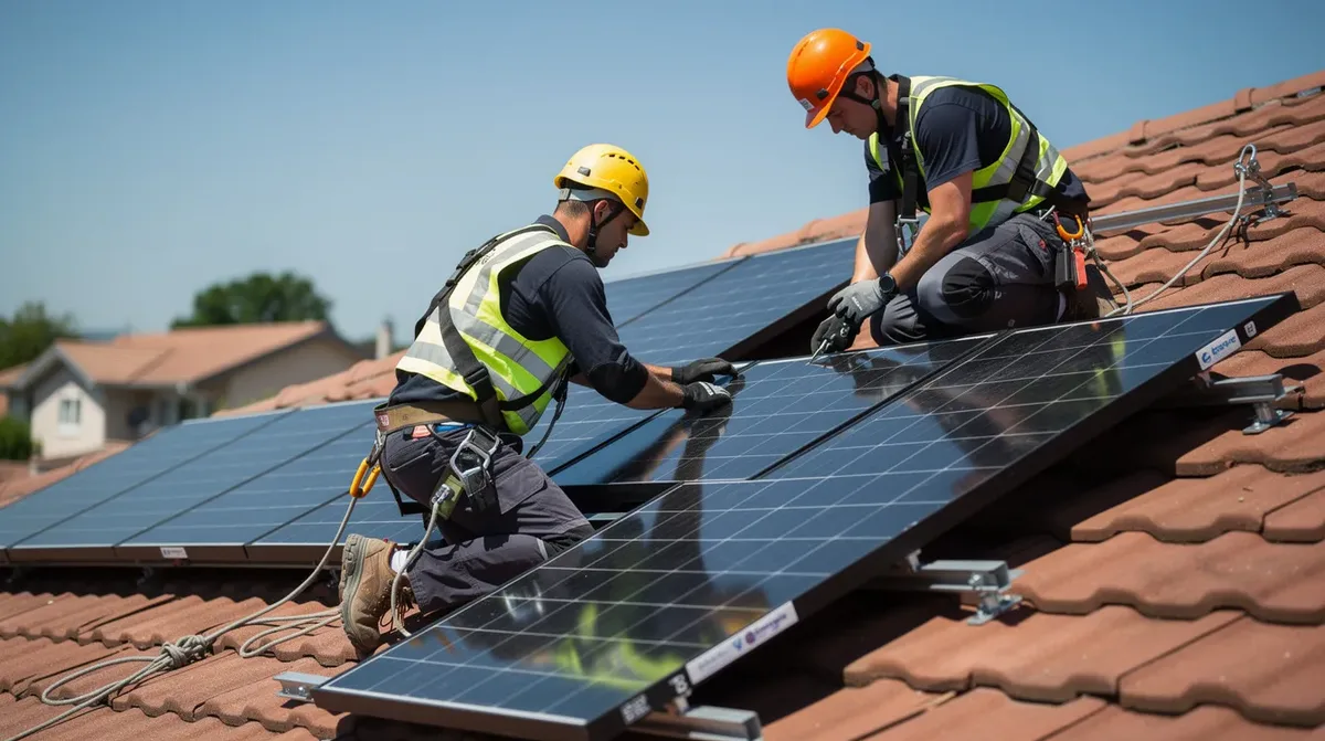 Deux techniciens en tenue de travail installent des panneaux solaires photovoltaïques sur une toiture en tuiles, sous un ciel ensoleillé. Cette installation solaire vise à optimiser la production d'électricité et à réduire les coûts énergétiques pour les propriétaires de maisons en Suisse.