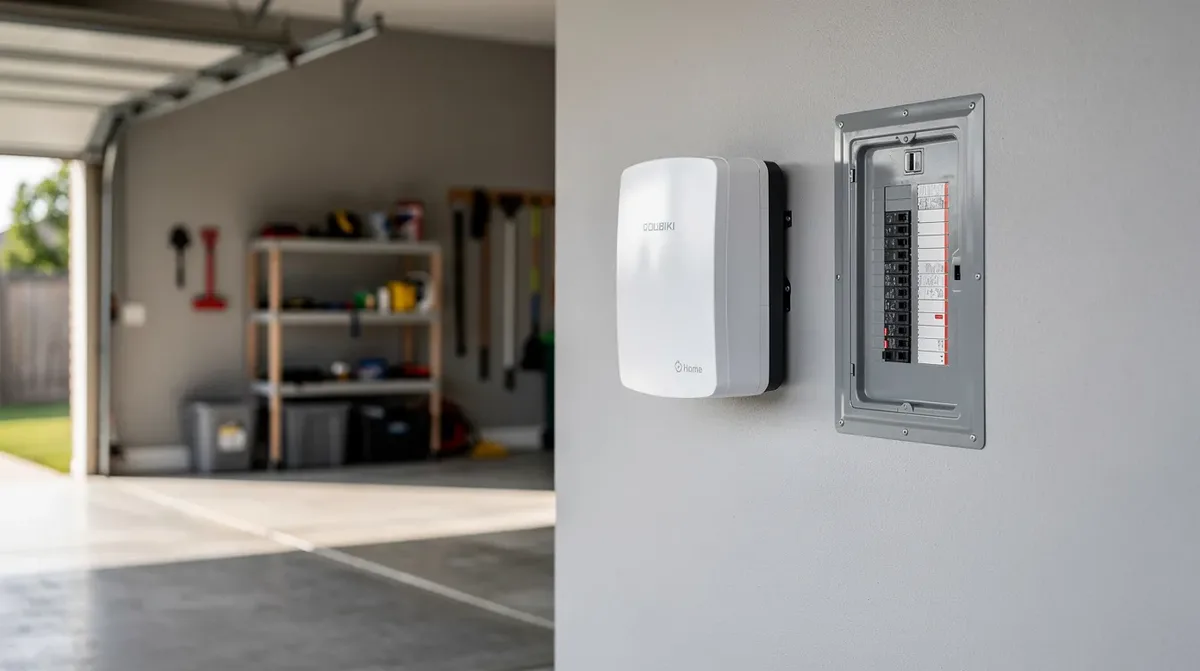Une batterie domestique blanche est fixée au mur d'un garage résidentiel, à côté d'un tableau électrique, illustrant un système de stockage d'énergie qui pourrait être associé à une installation de panneaux solaires photovoltaïques. Cette image met en avant l'importance de l'autonomie énergétique pour les propriétaires de maisons en Suisse.