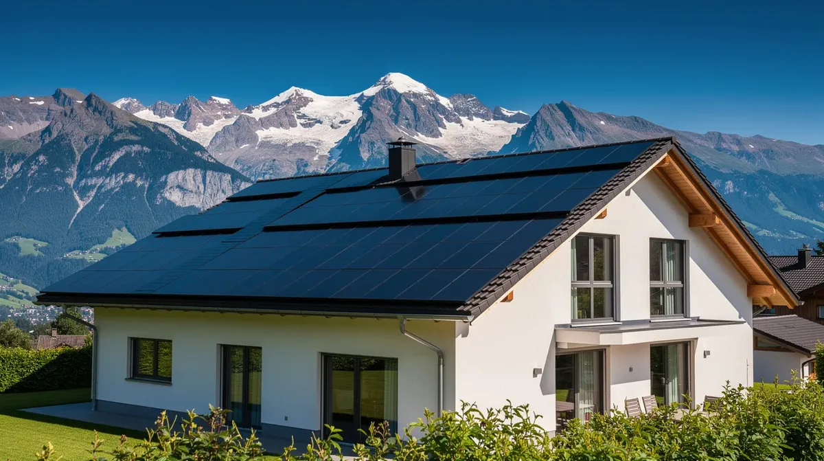 L'image montre des panneaux solaires installés sur le toit d'une maison individuelle en Suisse, avec une vue panoramique sur les Alpes sous un ciel ensoleillé. Cette installation de panneaux photovoltaïques permet une production d'électricité durable et contribue à l'autoconsommation, tout en offrant une solution efficace pour le stockage d'énergie.