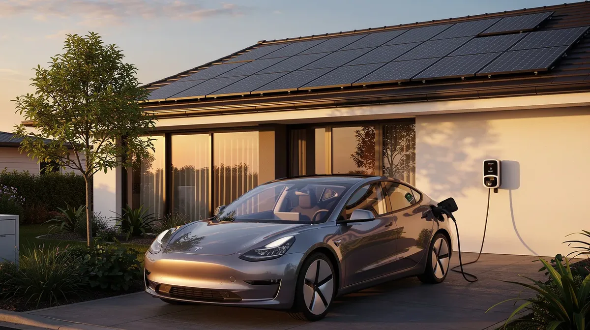 Une voiture électrique est en cours de charge devant une maison, où des panneaux photovoltaïques sont installés sur le toit, illuminée par la lumière douce de la fin de journée. Cette scène illustre l'utilisation de l'énergie solaire pour alimenter des véhicules, mettant en avant l'importance de la rentabilité batterie solaire et le stockage d'énergie dans un foyer moderne.