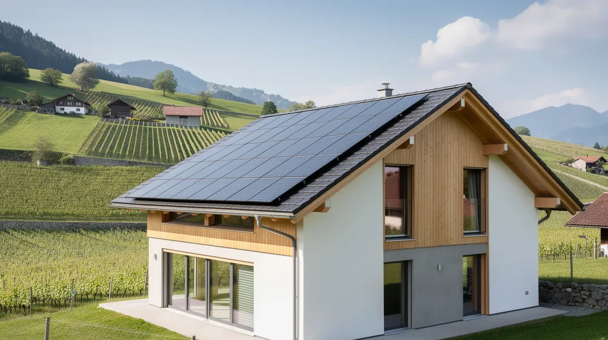Une maison individuelle en Suisse est dotée de panneaux solaires installés sur son toit, offrant une vue sur un paysage de collines et de vignobles en arrière-plan. Cette installation photovoltaïque permet de produire de l'électricité, contribuant ainsi à l'autoconsommation et à la rentabilité énergétique de la maison.