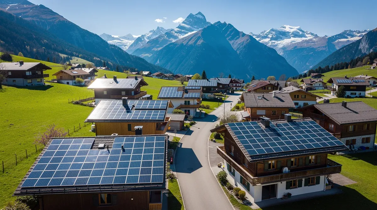 Une vue aérienne montre des toits résidentiels équipés de panneaux solaires dans un village ensoleillé de Suisse, entouré de montagnes majestueuses. Cette installation solaire contribue à la production d'électricité et à l'autoconsommation, offrant ainsi des économies sur les factures d'énergie.