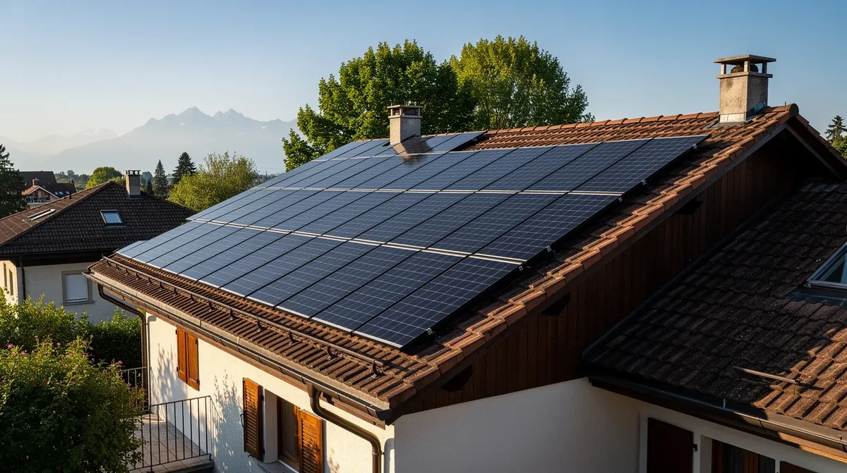 Une toiture résidentielle située dans le canton de Genève est équipée de panneaux solaires photovoltaïques, brillamment éclairés sous un ciel dégagé. Cette installation solaire illustre l'engagement vers les énergies renouvelables et la transition énergétique en Suisse.