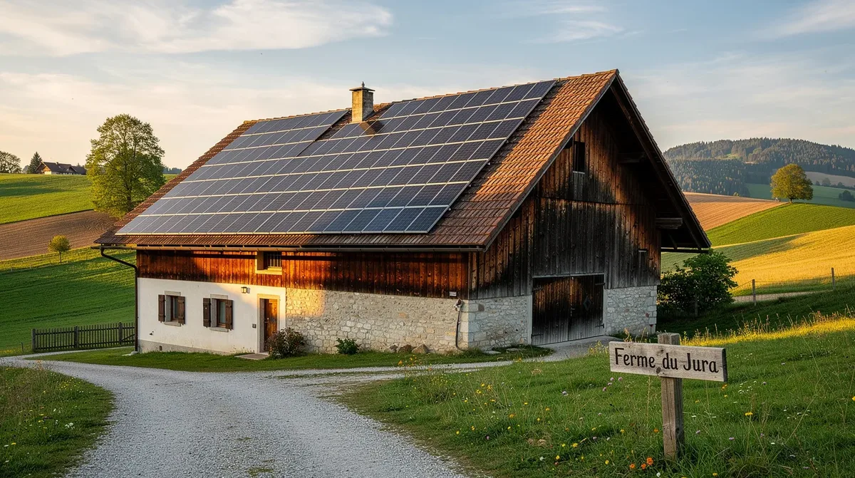 Des panneaux solaires sont installés sur le toit d'une ferme traditionnelle du Jura suisse, surplombant un paysage vallonné verdoyant. Cette installation photovoltaïque symbolise l'engagement envers les énergies renouvelables et le soutien à l'utilisation de l'énergie solaire dans le canton du Jura.