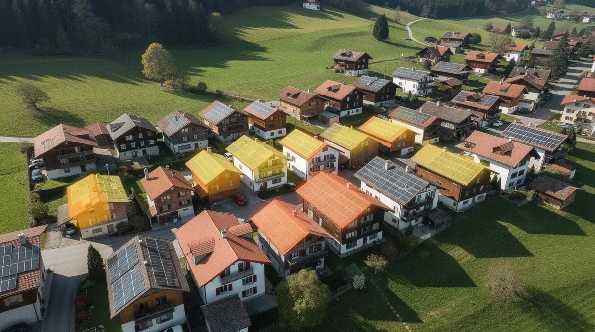Vue aérienne d'un village jurassien en Suisse, avec des toits en tuiles sous un ciel dégagé, mettant en évidence le potentiel solaire des bâtiments pour des installations photovoltaïques. Cette image illustre l'importance des énergies renouvelables et des subventions disponibles pour les projets d'énergie solaire dans le canton du Jura.