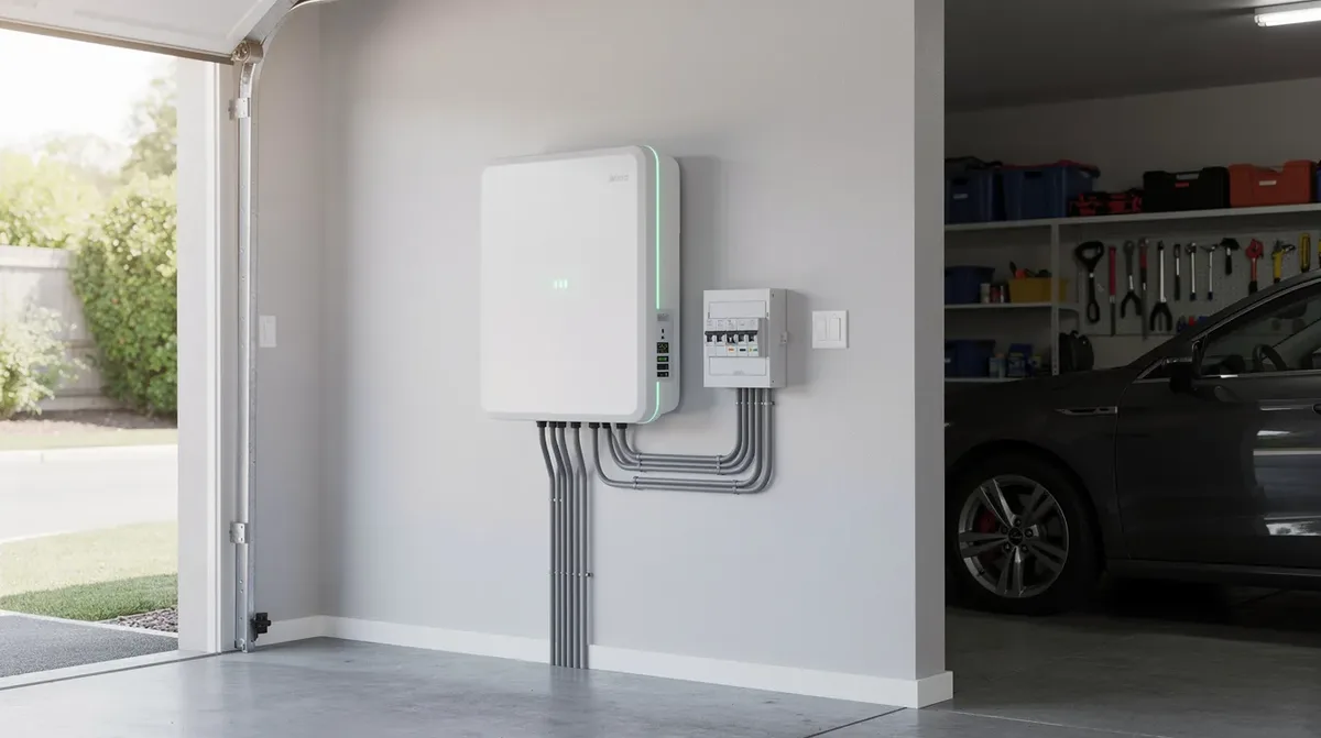 Une batterie de stockage domestique est installée sur un mur dans un garage résidentiel, offrant une solution clé en main pour l'autoconsommation d'énergie produite par des panneaux solaires photovoltaïques. Ce système contribue à la neutralité carbone et à la gestion des énergies renouvelables dans le canton de Neuchâtel.