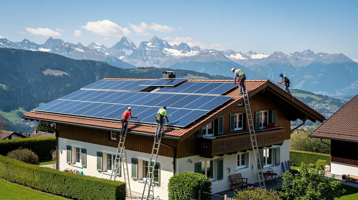 L'image montre un chantier d'installation de panneaux solaires sur le toit d'une villa en Suisse, avec en arrière-plan des montagnes majestueuses. Ce projet d'énergies renouvelables illustre l'engagement pour une production d'électricité durable et les aides disponibles pour l'installation solaire.