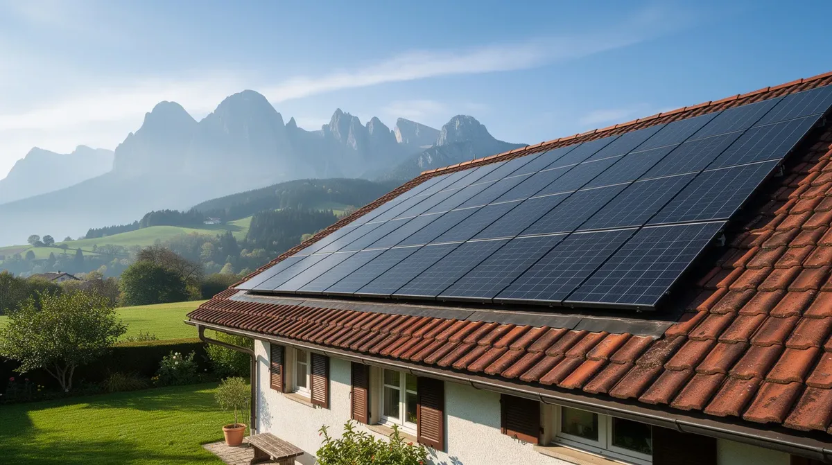 Des panneaux photovoltaïques sont installés sur le toit en tuiles rouges d'une maison individuelle, entourée de paysages de campagne suisse romande, avec un ciel bleu et des montagnes majestueuses en arrière-plan. Cette installation témoigne de l'engagement envers l'énergie renouvelable et la production d'électricité solaire, contribuant ainsi à la transition énergétique.