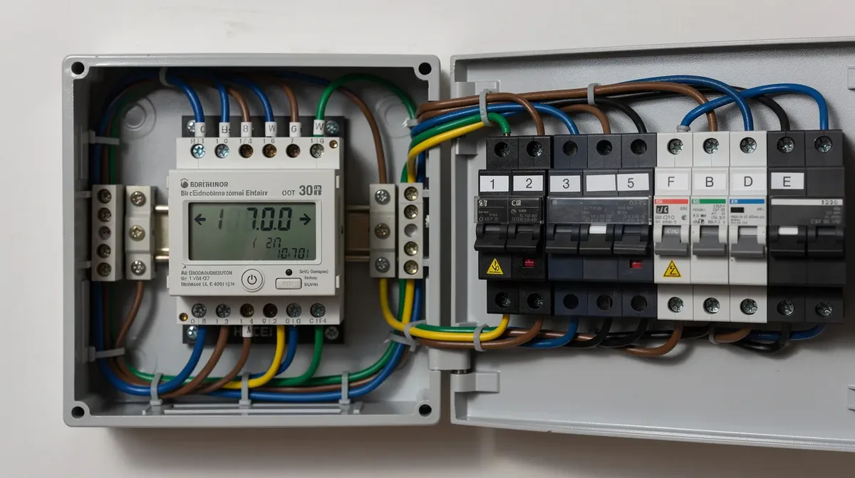 Un compteur électrique bidirectionnel moderne est installé dans un tableau électrique résidentiel, entouré de câbles et de disjoncteurs, illustrant ainsi l'intégration de l'énergie renouvelable dans les foyers. Ce dispositif permet de mesurer la consommation et la production d'électricité, facilitant ainsi la gestion de l'énergie et la reprise de l'énergie injectée dans le réseau.