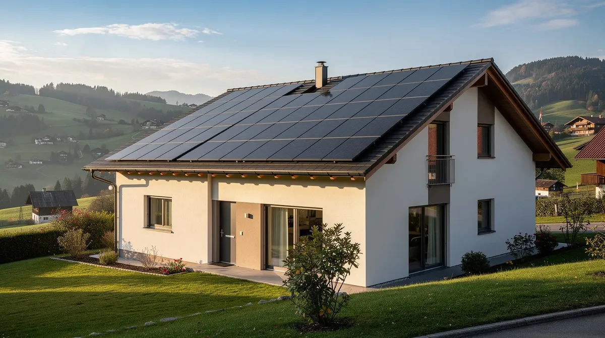 Des panneaux solaires photovoltaïques sont installés sur le toit d'une maison individuelle en Suisse, avec un paysage de collines verdoyantes en arrière-plan. Cette installation d'énergie solaire utilise des cellules photovoltaïques pour produire de l'électricité, contribuant ainsi aux énergies renouvelables.