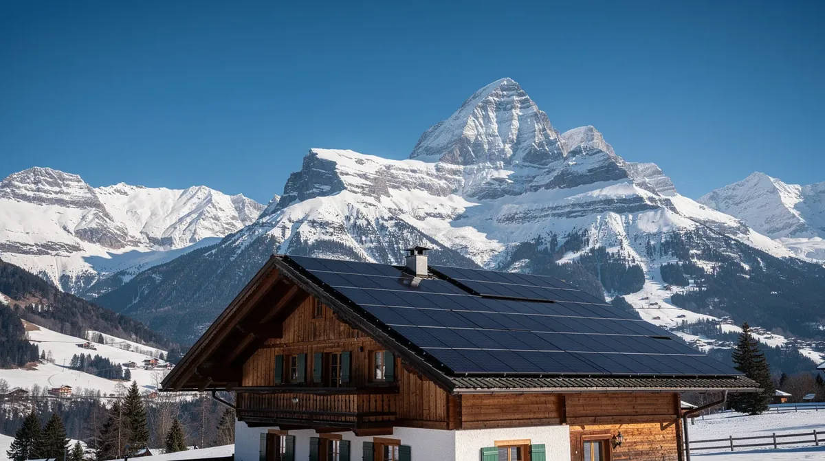 Des panneaux solaires photovoltaïques sont installés sur le toit d'un chalet suisse, tandis que des montagnes enneigées se dressent majestueusement en arrière-plan. Cette installation d'énergie solaire illustre l'utilisation des énergies renouvelables dans un cadre alpin pittoresque.